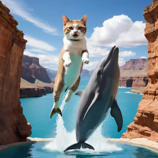 Prompt: a cat riding a dolphin that is jumping over a canyon.