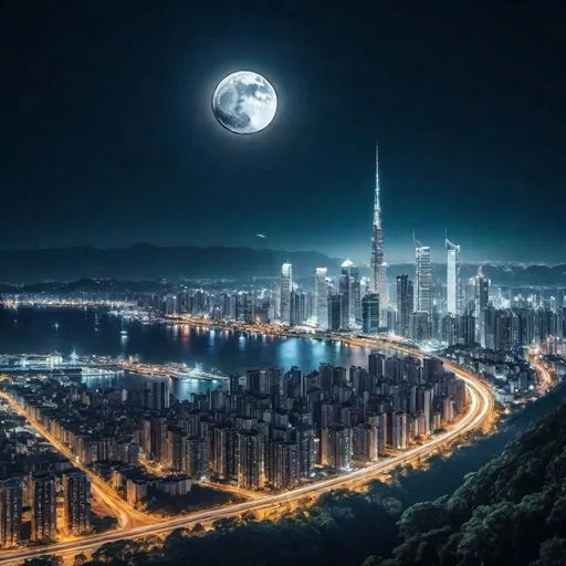 Prompt: a full moon is seen over a city at night with a long exposure of the moon and the city lights, Arthur Pan, space art, moon, a matte painting