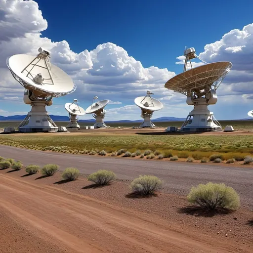 Prompt: a bunch of satellite dishes sitting in a field with a sky background and clouds in the background, with a dirt road in the foreground, Cosmo Alexander, space art, wpa, a photo  

"Embark on a journey through the cosmos as you explore the awe-inspiring beauty and scientific wonder of the Very Large Array (VLA) radio observatory.

Capture the vastness of the New Mexico desert landscape as the backdrop, with the iconic array of massive radio telescopes reaching towards the sky. Experiment with perspective and scale to convey the sheer magnitude of these colossal structures, each one poised to unlock the mysteries of the universe.

Delve into the intricate details of the VLA's machinery and technology, from the intricate network of antennas to the control room where scientists and engineers work tirelessly to unravel the secrets of the cosmos.

Infuse your artwork with a sense of wonder and curiosity, inviting viewers to ponder the mysteries of space and time as they gaze upon this marvel of human ingenuity. Whether you choose to depict the VLA against the backdrop of a breathtaking sunset or beneath a canopy of stars, let your imagination soar as you pay homage to this beacon of exploration and discovery."