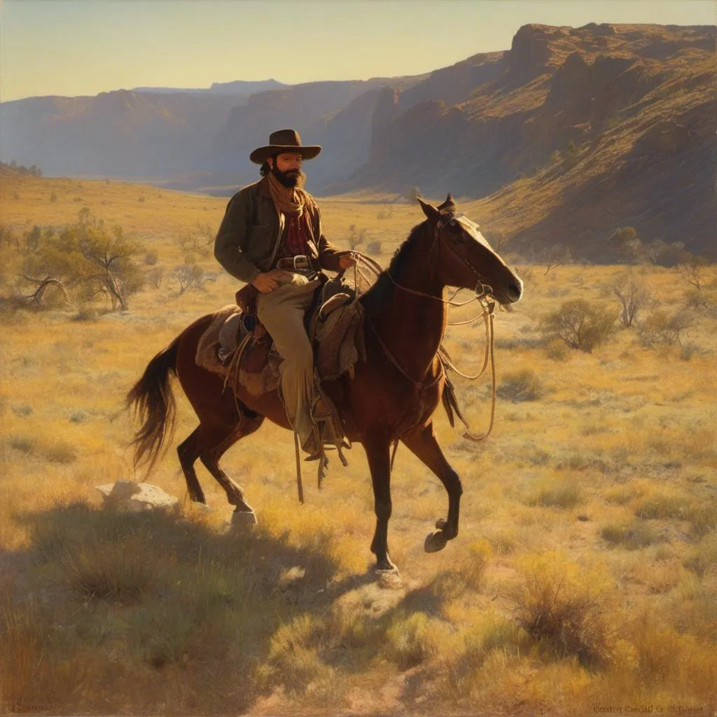 Prompt: <mymodel>rugged 25-year-old Cowboy riding on horseback,
ten gallon hat, 
wide angle view, 
full depth of field, 
beautiful, 
high resolution, 
realistic, 
detailed full beard,
old west atmosphere, 
golden hour lighting, 
misty colors
shirt and blue jeans, 
rugged beauty,
portrait painting, 
professional quality, 
sunrise,
cowboy boots , 
rope , 
realistic, 
leather jacket,
serene atmosphere, 
wide angle view, 
full depth of field, 
beautiful, high resolution, 
golden hour lighting, 
leather jacket, 
rugged  beauty.