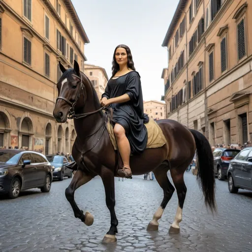 Prompt: Mona Lisa riding a horse in  the City of Rome