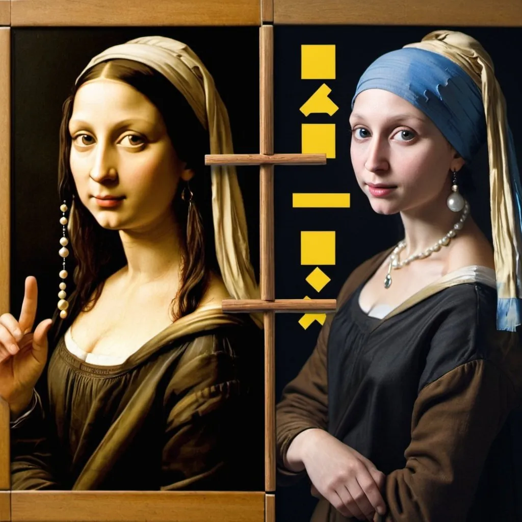 Prompt: "Mona Lisa" and "the girl with the pearl earring" playing tic tac toe