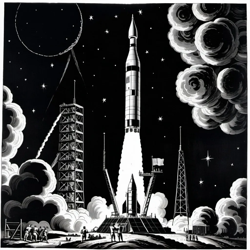 Prompt: a black and white 15th century wood cut print of a Apollo Saturn-V Rocket is being launched on a clear night with fire and smoke billowing out of it's back end, 15th century wood cut print