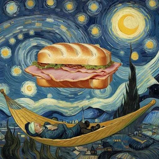 Prompt: A Ham sandwich flying on a "magic carpet" in "The Starry Night" by Vincent van Gogh