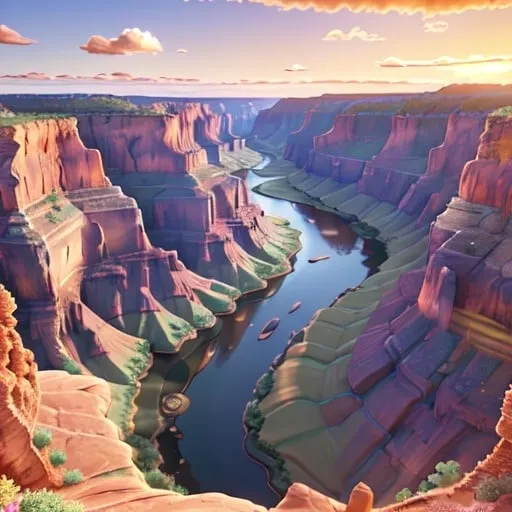 Prompt: Grand Canyon at sunrise, 
wide angle view, 
full depth of field, 
beautiful, 
high resolution, 
realistic,
detailed foliage, 
serene atmosphere, 
golden hour lighting, 
majestic Colorado River, 
exquisite rock formations, 
natural beauty, 
landscape painting,
professional quality, 
sunrise, 
Canyon walls, 
majestic  Colorado River, 
realistic, 
detailed foliage, 
serene atmosphere,
wide angle view,
full depth of field, 
beautiful, 
high resolution, 
golden hour lighting, 
exquisite rock formations, 
natural beauty