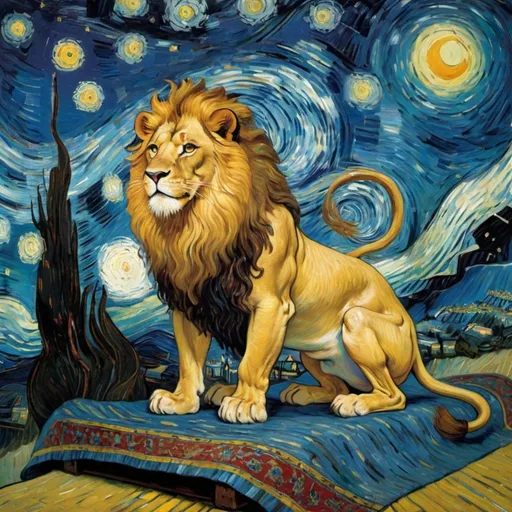 Prompt: a Lion sitting on a  flying " magic carpet" in "The Starry Night" by Vincent van Gogh