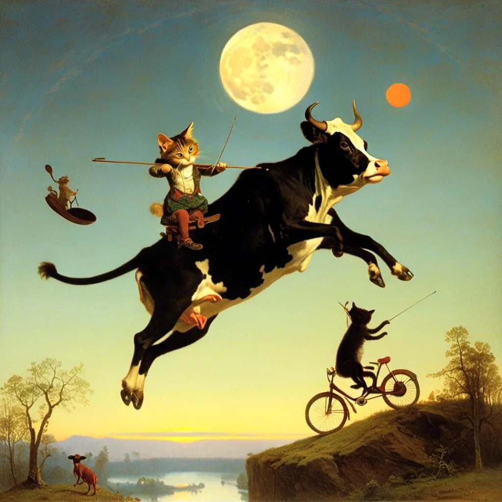 Prompt: <mymodel>a cartoon

a cow is riding her motorcycle,  and jumping over the top of the full moon.

cat is playing his fiddle with  his bow.

a  spoon with legs arms and hands is running away with  a dinner plat with legs arms and hands.

a  little dog  is laughing.

pop surrealism, full moon, a storybook illustration