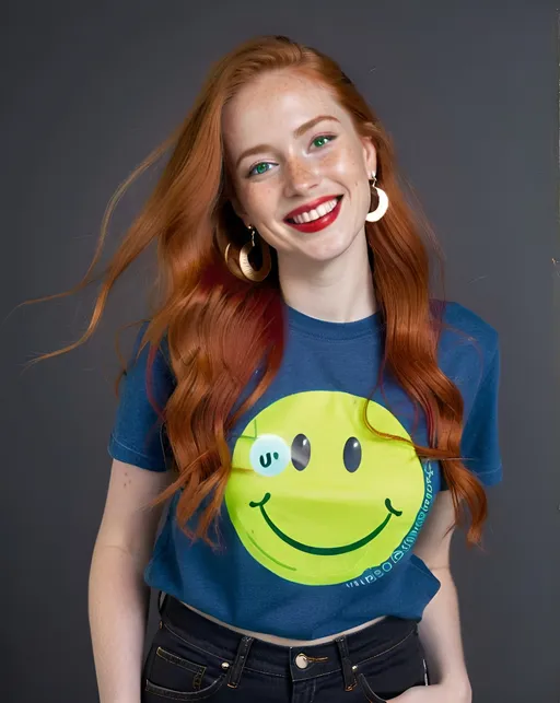 Prompt: portrait,  
(27 year-old woman), 
(walking on the moon ),
(cover with dark freckle), 
(green eyes), 
(long ginger hair), 
(red lipstick), 
(a smile on her face), 
(earrings with a smiley face on it's earring hooks),  
(smiley-face t-shirt), 
(long blue jean), 
(red and blue tennis shoes),
photo

