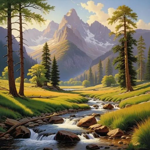 Prompt: a painting of a mountain stream with trees and grass in the foreground and a mountain range in the background, Brothers Hildebrandt, american scene painting, beautiful landscape, a detailed matte painting