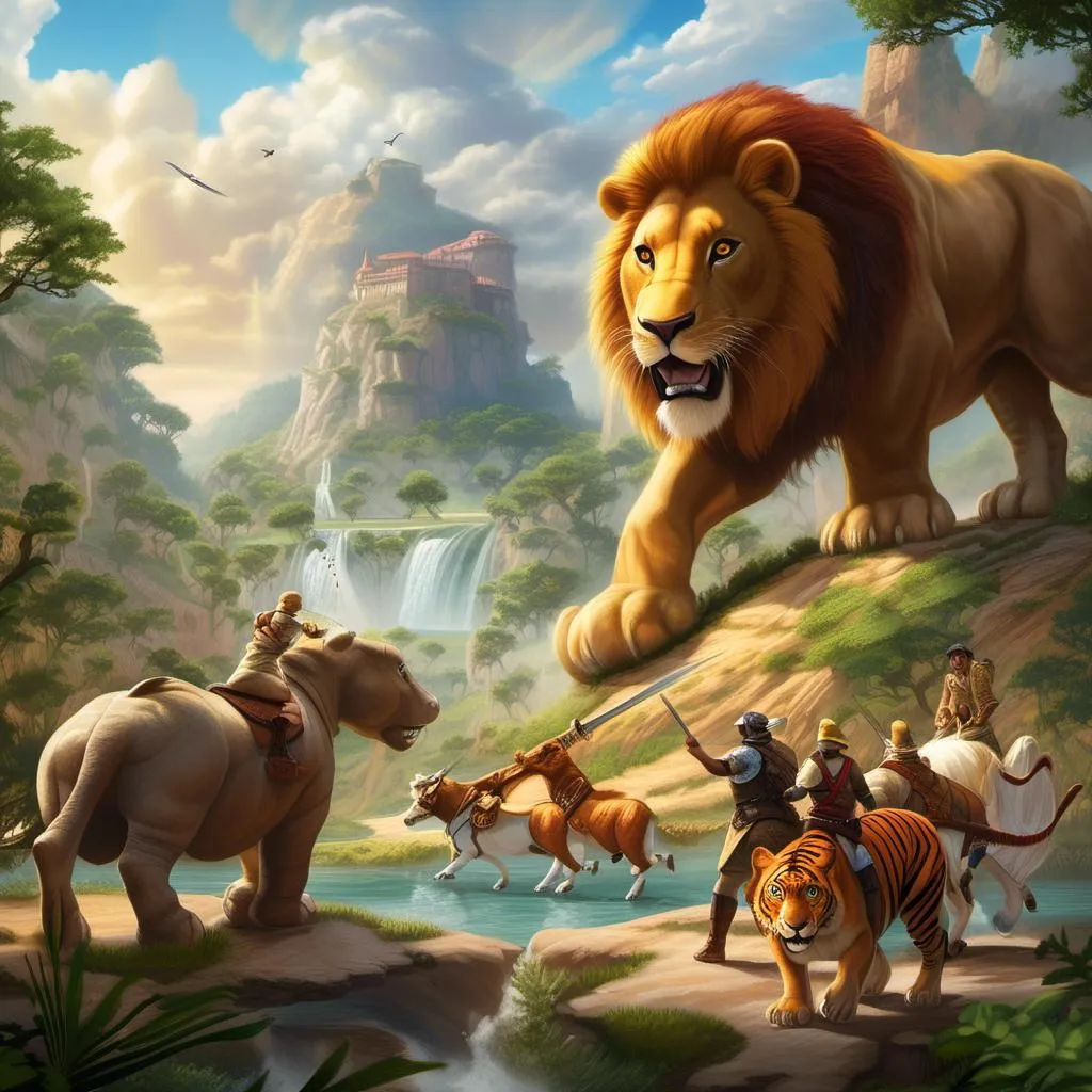 Prompt: "Create an illustration capturing the epic journey of six unlikely heroes on a quest to save a princess from the clutches of a tyrannosaurus. Let your imagination roam as you depict the lion, bull, tiger, rhinoceros, hippopotamus, and unicorn traversing treacherous landscapes, facing off against the fearsome beast, and ultimately uniting with the princess to overcome adversity. Show the bonds of friendship, the thrill of adventure, and the triumph of courage in your artwork. Feel free to add your own unique twists and details to bring this fantastical tale to life!"<mymodel>