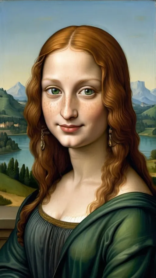 Prompt: a painting of Mona Lisa with many dark freckle green eyes  long ginger hair    on a smile on her face, with a green background and a blue sky, Fra Bartolomeo, academic art, renaissance oil painting, a painting