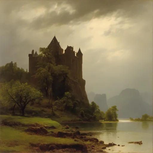 Prompt: <mymodel> an image of a  rainy day outside a  Castle by a lake.