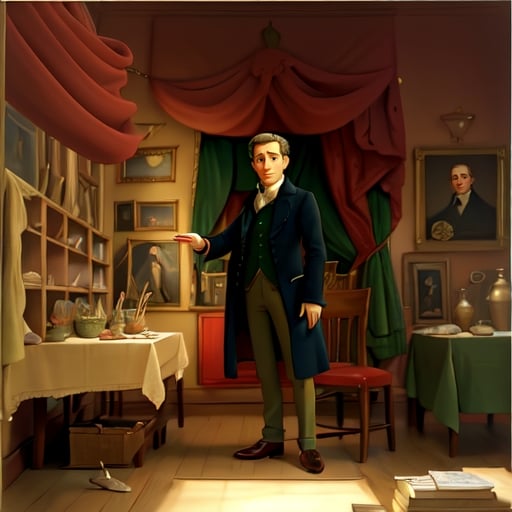 Prompt: The Artist in His Museum by Artist	
Charles Willson Peale  (1741–1827)

a painting of a man in a room with a red curtain and a green table cloth on the floor, Charles Willson Peale, american scene painting, book cover, a painting