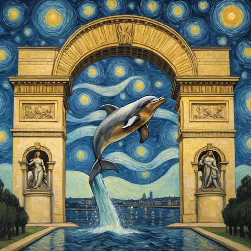 Prompt: Mona Lisa riding a  dolphin through the Arc de Triomphe in the style of "The Starry Night" by Vincent van Gogh