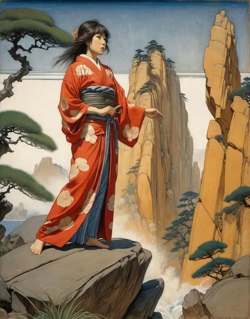 Prompt: a painting of a Japanese woman, 26yo in a kimono, sword held ready for battle, standing on a rock with a tree in the background and a rock formation with a cloth draped around it, Carlos Schwabe, pre-raphaelitism, symbolist, a statue