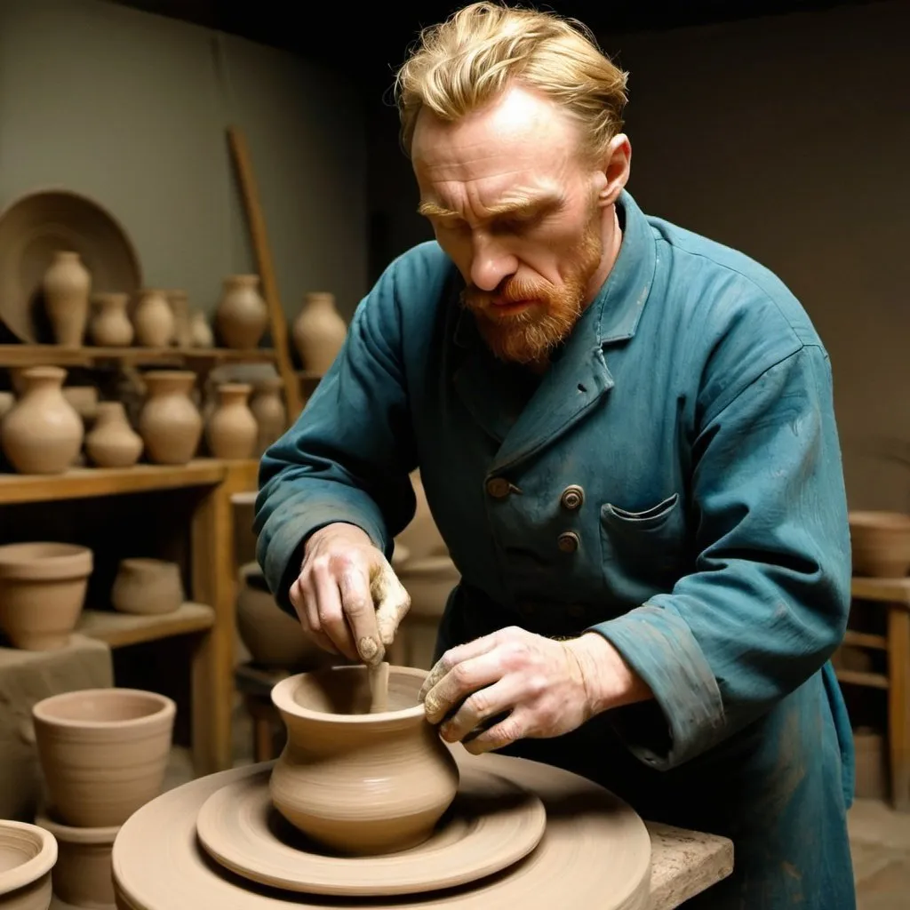 Prompt: "Vincent van Gogh" making pottery on pottery wheel in the style of "The Starry Night" by Vincent van Gogh