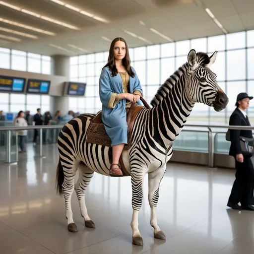 Prompt: Mona Lisa  riding a  zebra  in  an airport