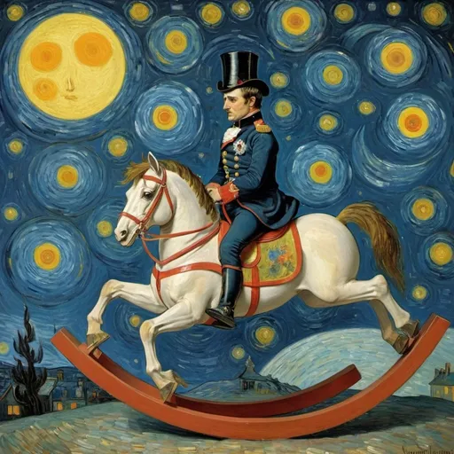 Prompt: Napoleon Bonaparte  riding a "rocking horse" that is jumping over the Moon.  in  "The Starry Night" by Vincent van Gogh