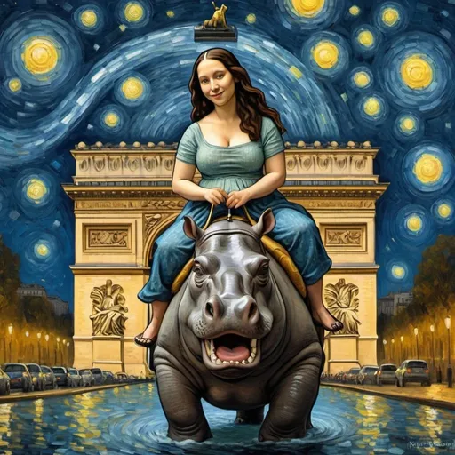 Prompt: Mona Lisa riding a  hippopotamus through the Arc de Triomphe in the style of "The Starry Night" by Vincent van Gogh