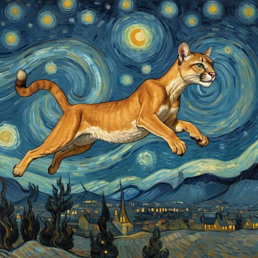 Prompt: a "Puma concolor" flying on a "magic carpet" in "The Starry Night" by Vincent van Gogh