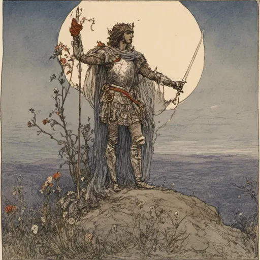 Prompt: <mymodel>A knight standing on a hilltop under a moonlit sky. The knight is clad in silver armor with an ornate sword held aloft, reflecting the moonlight. His shield with a golden lion emblem rests by his side. The helmet, adorned with red and gold feather plumes, is under his arm, revealing his noble face. The hill is covered in wildflowers like lavender, poppies, and daisies swaying in the breeze. Below, a serene medieval village with thatched rooftops and winding cobblestone streets lies quiet. In the background, a grand castle's silhouette rises against the starry sky, its towers and turrets bathed in an ethereal glow. A banner with the knight's crest flutters from the highest tower. Fireflies dance in the air, adding a touch of magic. The scene evokes peaceful vigilance and anticipation of new adventures