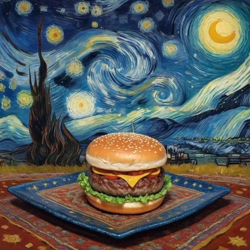 Prompt: A Hamburger steak flying on a "magic carpet" in "The Starry Night" by Vincent van Gogh