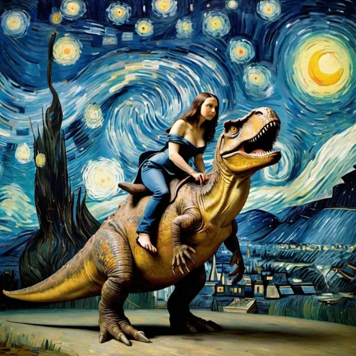 Prompt: Mona Lisa riding a Tyrannosaurus in  "The Starry Night" by Vincent van Gogh
