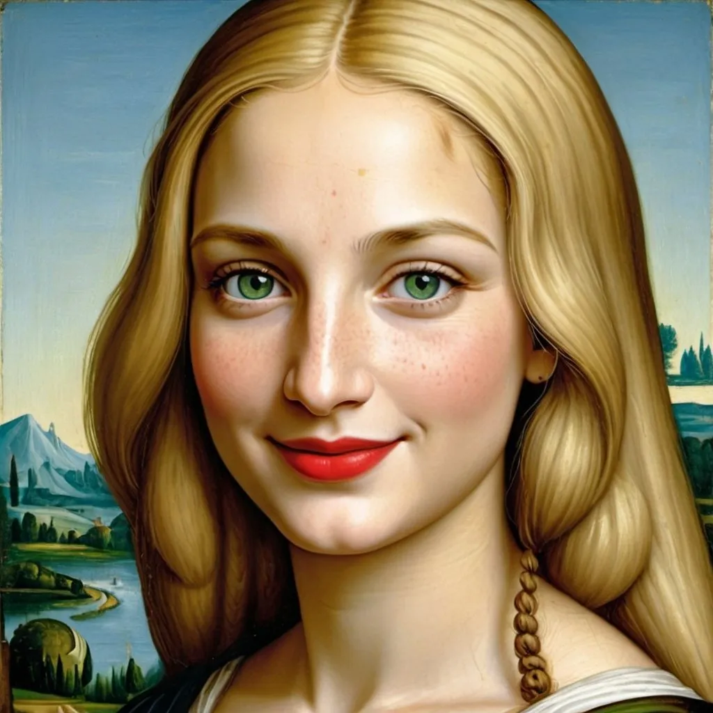 Prompt: a painting of Mona Lisa cover with dark freckle green eyes  long blonde hair, red lipstick, on a smile on her face, with a green background and a blue sky, Fra Bartolomeo, academic art, renaissance oil painting, a painting