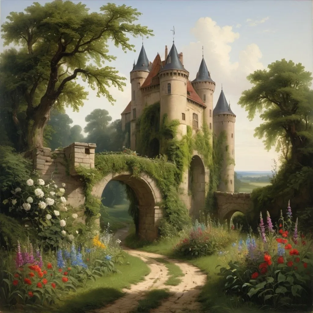 Prompt: a painting of a castle  overgrown with vines and wildflowers  with a path leading to it and flowers in front of it and a fence and a stream in a field with flowers and trees around, The castle itself  though old and ruined in many parts had evidently been at one time a place of considerable strength, in the style of Carl Heinrich Bloch, blending the American Barbizon School and Flemish Baroque influences.  
