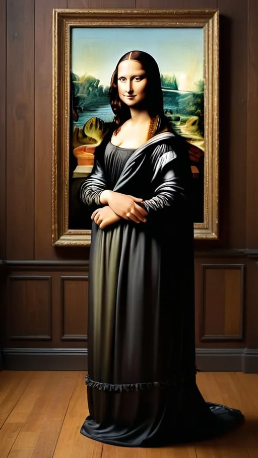 Prompt: Mona Lisa,  standing on a wood floor. wood house studio, full from head to toe body shot