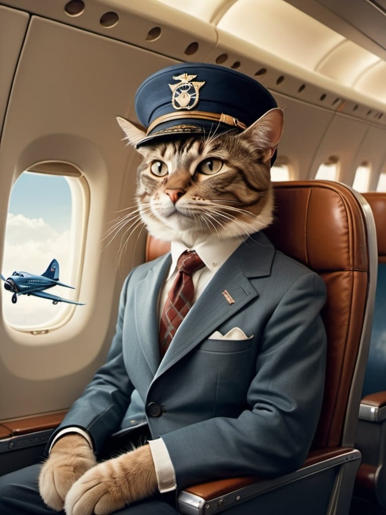 Prompt: a  anthropomorphic cat sitting on an airplane seat with a hat on his head and a plane in the background with a window, Annie Leibovitz, precisionism, promotional image, an art deco painting