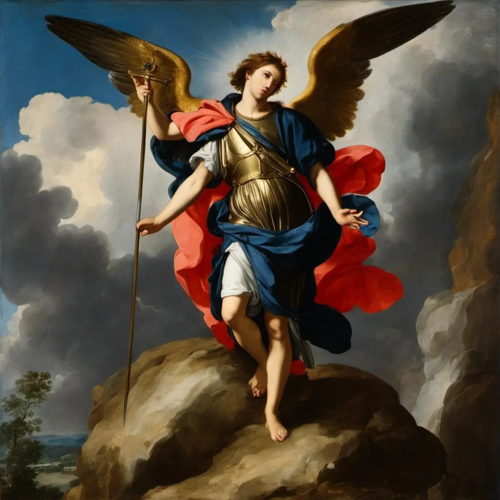 Prompt: <mymodel>a painting of St Michael archangel, with wings and a sword in his hand, standing on a rock with clouds in the background,