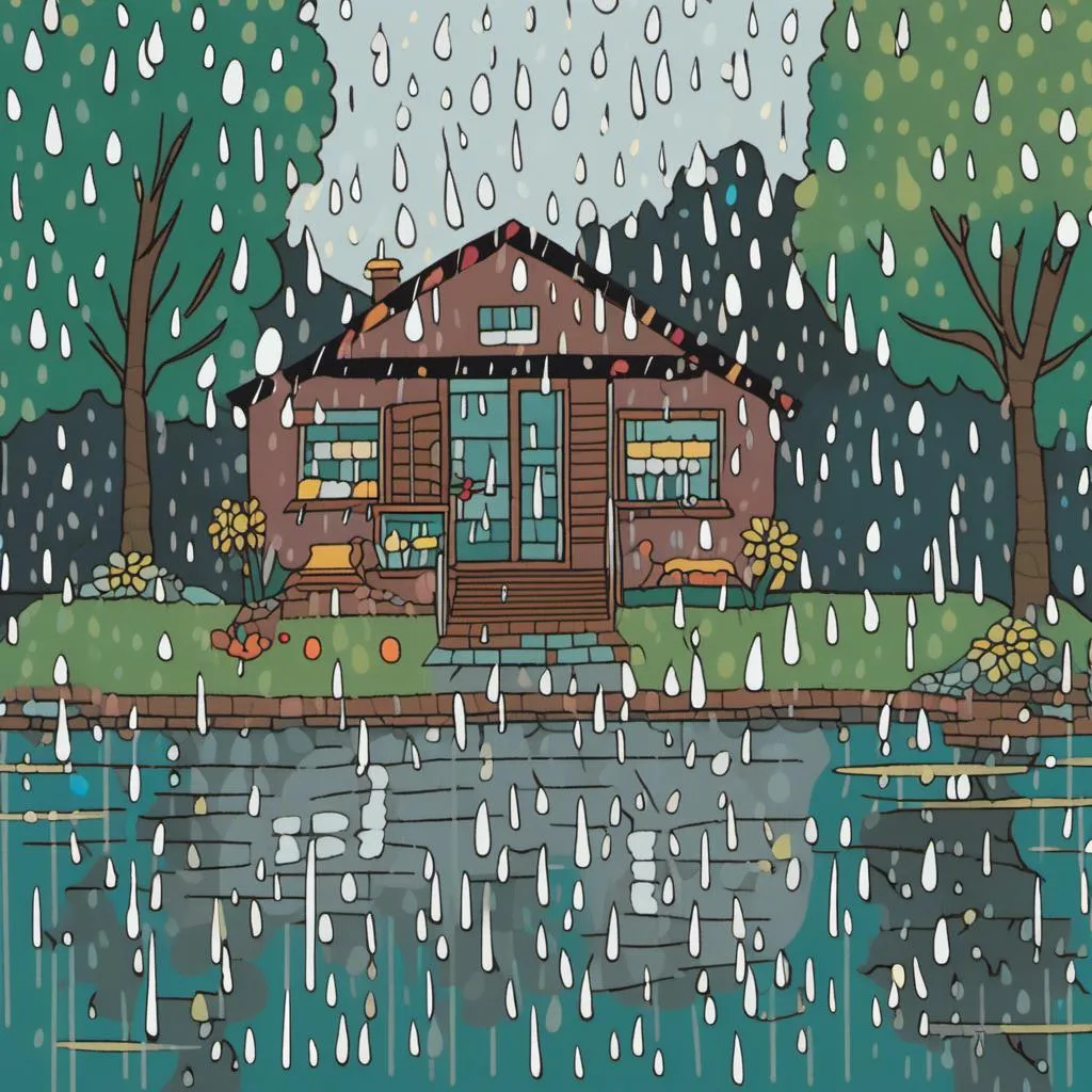 Prompt: <mymodel> An image of a  rainy day outside a house by a lake.