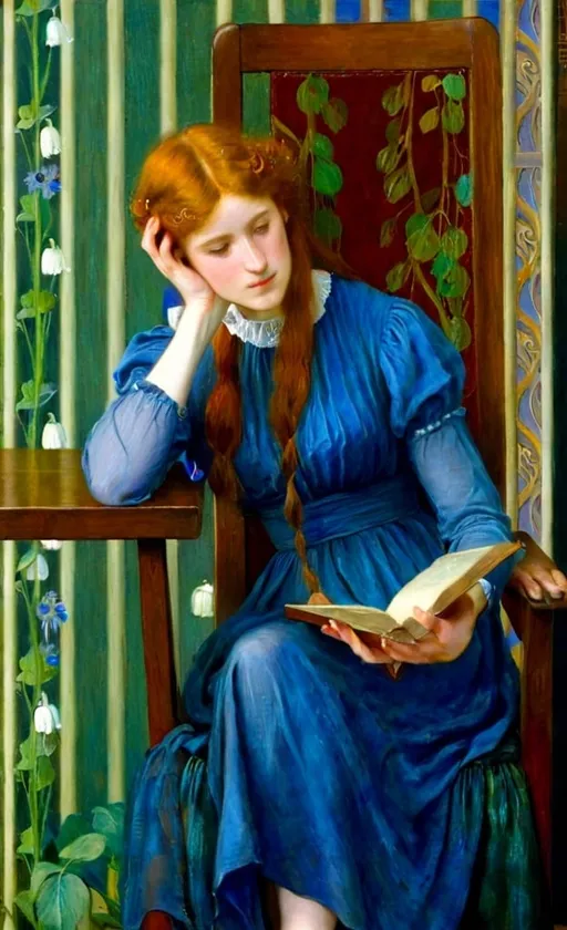 Prompt: a painting of a woman sitting on a chair reading a book and holding a book in her hand while wearing a blue dress, Arthur Hughes, pre-raphaelitism, pre - raphaelite, a painting