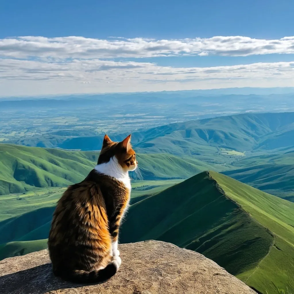 Prompt: a photo of cat sitting on the highest pointed mountain peak overlook green plains