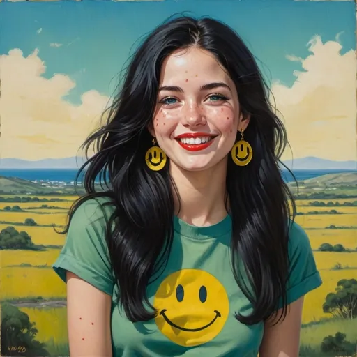 Prompt: a full-length portrait painting,
27 year-old  woman,
cover with dark freckle,
blue eyes,
long black hair,
red lipstick,
a smile on her face, 
black-smiley-face- ON-gold-earrings,  
smiley-face-T-shirt, 
with a green background and a blue sky,
1970s oil painting,
