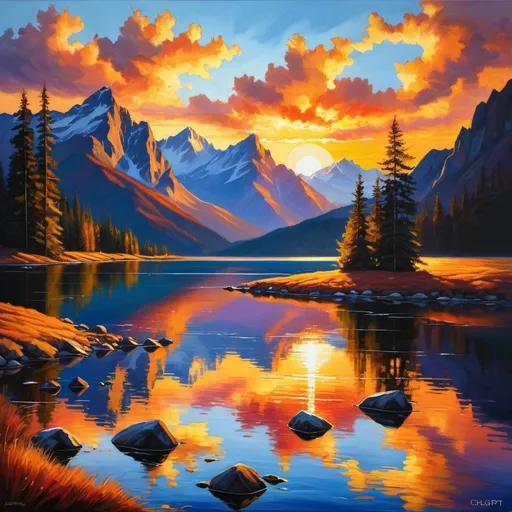 Prompt: Title: "Sunset Serenity: A Mountain Lake's Embrace"

Description:

Capture the essence of a sunset over a mountain lake, nestled amidst rugged snow-capped peaks. The sky is adorned with a blanket of Altocumulus clouds, casting a dreamy glow over the landscape. Let your imagination wander as you envision the tranquil scene unfolding before your eyes.

Consider the interplay of light and shadow as the sun dips below the horizon, painting the sky in a myriad of colors. Explore the reflections dancing on the surface of the lake, mirroring the beauty above. Embrace the serenity of nature's masterpiece and let it inspire your artistic expression.

Medium:

This prompt lends itself to various mediums such as painting, photography, digital art, or even poetry. Feel free to experiment with different techniques and styles to convey the captivating beauty of the sunset over the mountain lake. Whether through bold brushstrokes, delicate photography, or lyrical verse, let your creativity flow and bring this scene to life.

(by chatgpt)