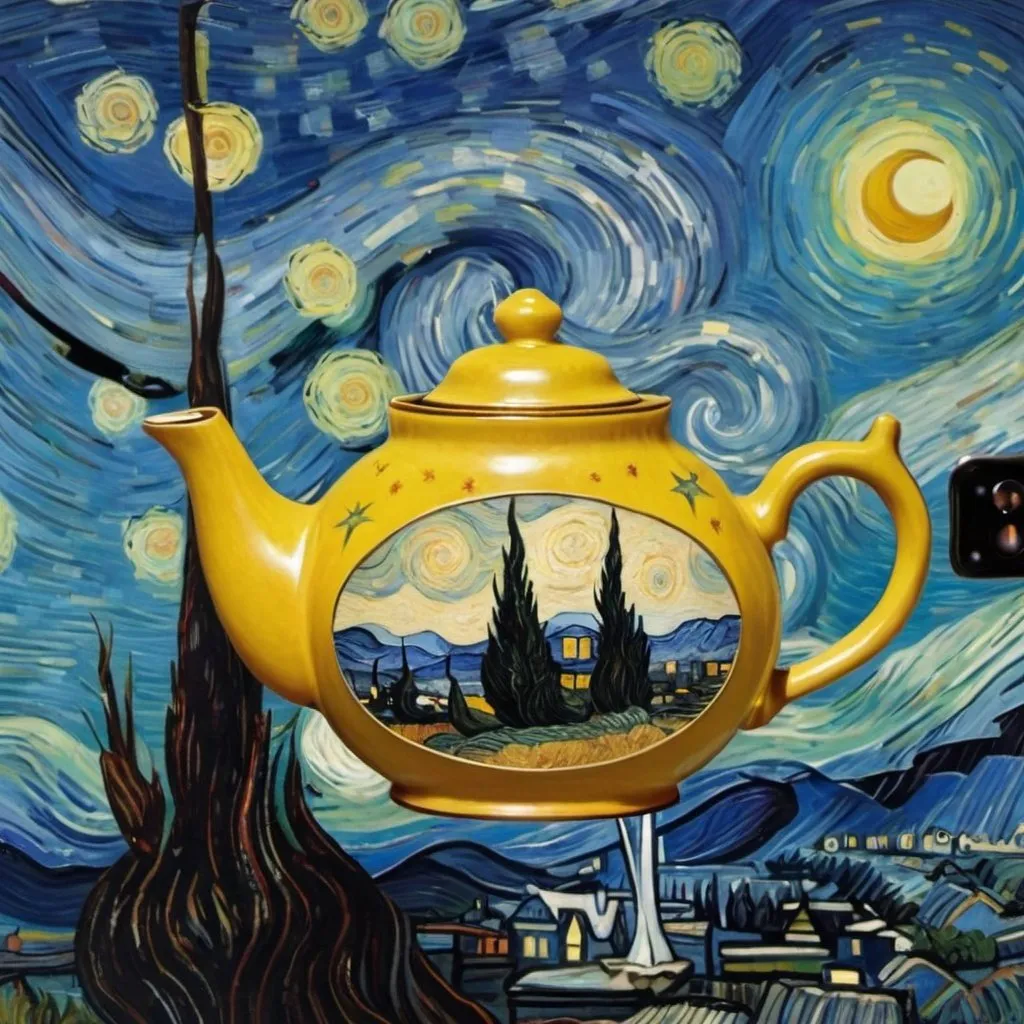 Prompt: a "smiling face teapot"  flying on a "magic carpet" in "The Starry Night" by Vincent van Gogh