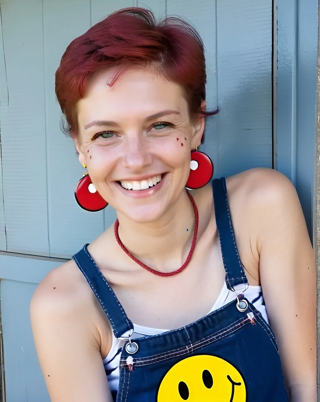 Prompt: portrait,  
( Helen of Troy), 
 (a smile on her face),
(earrings with a smiley face on it's earring hooks),  
(smiley-face t-shirt), 
(long blue jean), 
(red and blue tennis shoes),
photo
