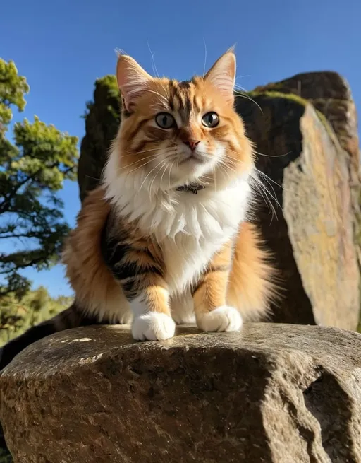 Prompt: a photo of a cat standing on a rock with a tree in the background and a rock 