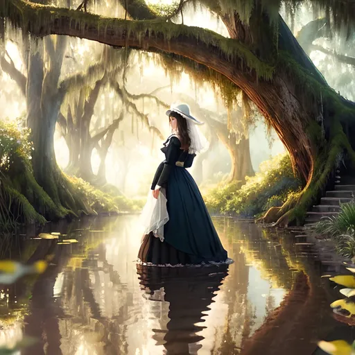 Prompt: "Journey back to the romantic and mystical atmosphere of 18th-century French Louisiana as you depict the iconic figure of Evangeline standing beneath the spreading branches of a majestic oak tree draped in Spanish moss. Let the soft, ethereal light of the bayou filter through the moss and leaves, casting gentle shadows on Evangeline's figure.

Capture the depth of Evangeline's emotions as she gazes out across the tranquil waters of the bayou, her eyes filled with longing and hope as she waits for her forever lost love, Gabriel. Infuse your artwork with a sense of melancholy and nostalgia, reflecting Evangeline's enduring devotion and the timeless themes of love and loss.

Experiment with color, texture, and brushstrokes to convey the lush beauty of the Louisiana landscape and the timeless allure of Evangeline's character. Whether you choose to depict her in a moment of quiet contemplation or with a hint of movement as a gentle breeze stirs the moss and ripples the water, let your imagination transport viewers to a world of romance and enchantment.