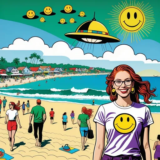 Prompt: photo 

25-year-old woman, green eyes. cover with dark freckle. long ginger hair ginger in a French braid. wearing lipstick red. broad rimmed eyeglasses purple

the is  woman wearing a white t-shirt. 

the  t-shirt has a yellow smiley face with two eyes and a smile on it's face, with a black outline, Dave Gibbons, naive art, smile, a digital rendering

 the woman is wearing  earrings.

the earrings has a yellow smiley face with two eyes and a smile on it's face, with a black outline, Dave Gibbons, naive art, smile, a digital rendering


the beach, while UFO is attacking while people are running for their lives


photo