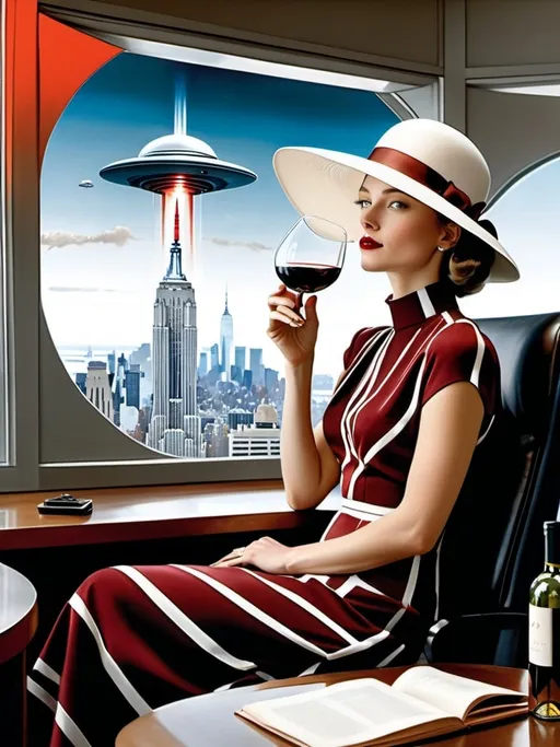 Prompt: a 21-year-old woman in a long flower print Empire Dress with a high neck line and white hat sitting at desk high rise office with a  window with a hat on her head drinking a glass of red wine,  and (( UFOs attacking New York City))  in the background with a window, Annie Leibovitz, precisionism, promotional image, an art deco painting  