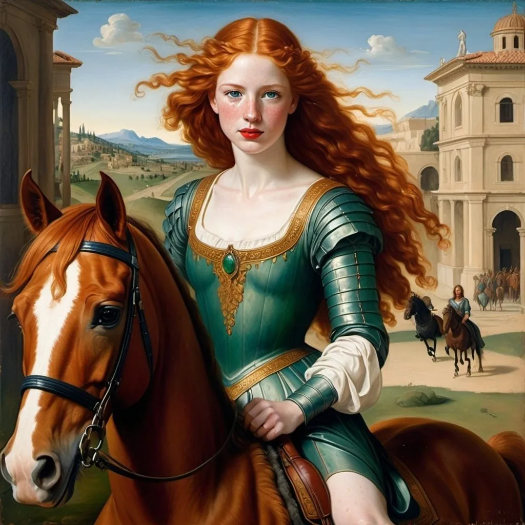 Prompt: a painting of  Helen of Troy cover with dark freckle green eyes  long ginger hair, red lipstick, on a smile on her face, riding on a horse,  academic art, renaissance oil painting, a painting