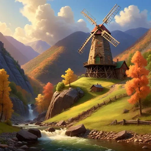 Prompt: Create a UHD, 64K, professional oil painting in the style of Albert Bierstadt, Hudson River School, american scene painting, Depict a playfully  balanced windmill on  the mountain that stood out  bold and clear against the sky its towering crags and deep ravines filled with mystery and beauty.