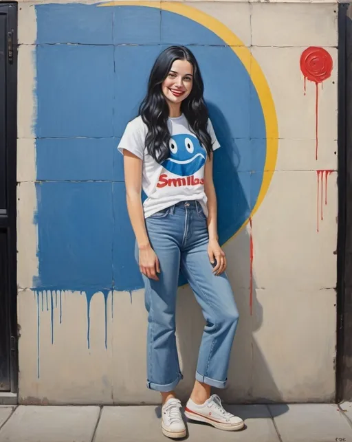 Prompt: a full-length portrait painting,
 27 year-old woman, 
cover with dark freckle,
 blue eyes, 
long black hair, 
red lipstick, 
a smile on her face, 
standing on sidewalk chart art, 
smiley-face  t-shirt, 
long blue jean,
blue tennis shoes,
1970s oil painting,