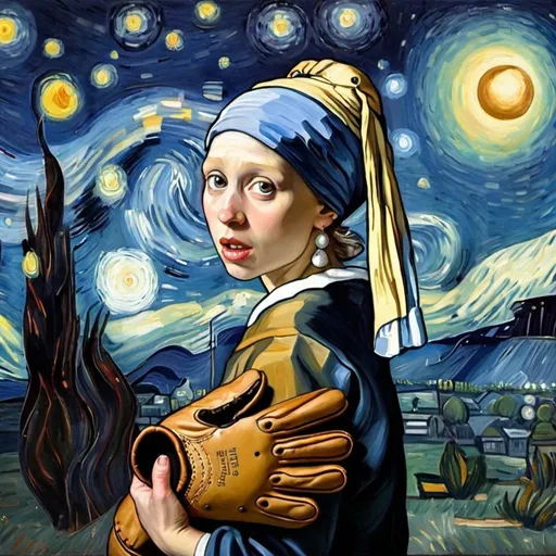 Prompt: "the girl with the pearl earring" catching a meteorite with a "baseball glove" in "The Starry Night" by Vincent van Gogh