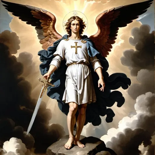 Prompt: a painting of St Michael archangel, with wings and a sword in his hand, standing on a rock with clouds in the background,