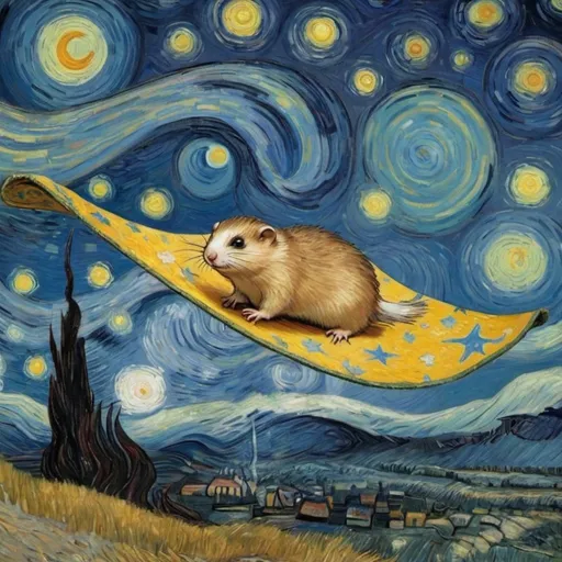 Prompt: A "Lemming"  flying on a "magic carpet" in "The Starry Night" by Vincent van Gogh