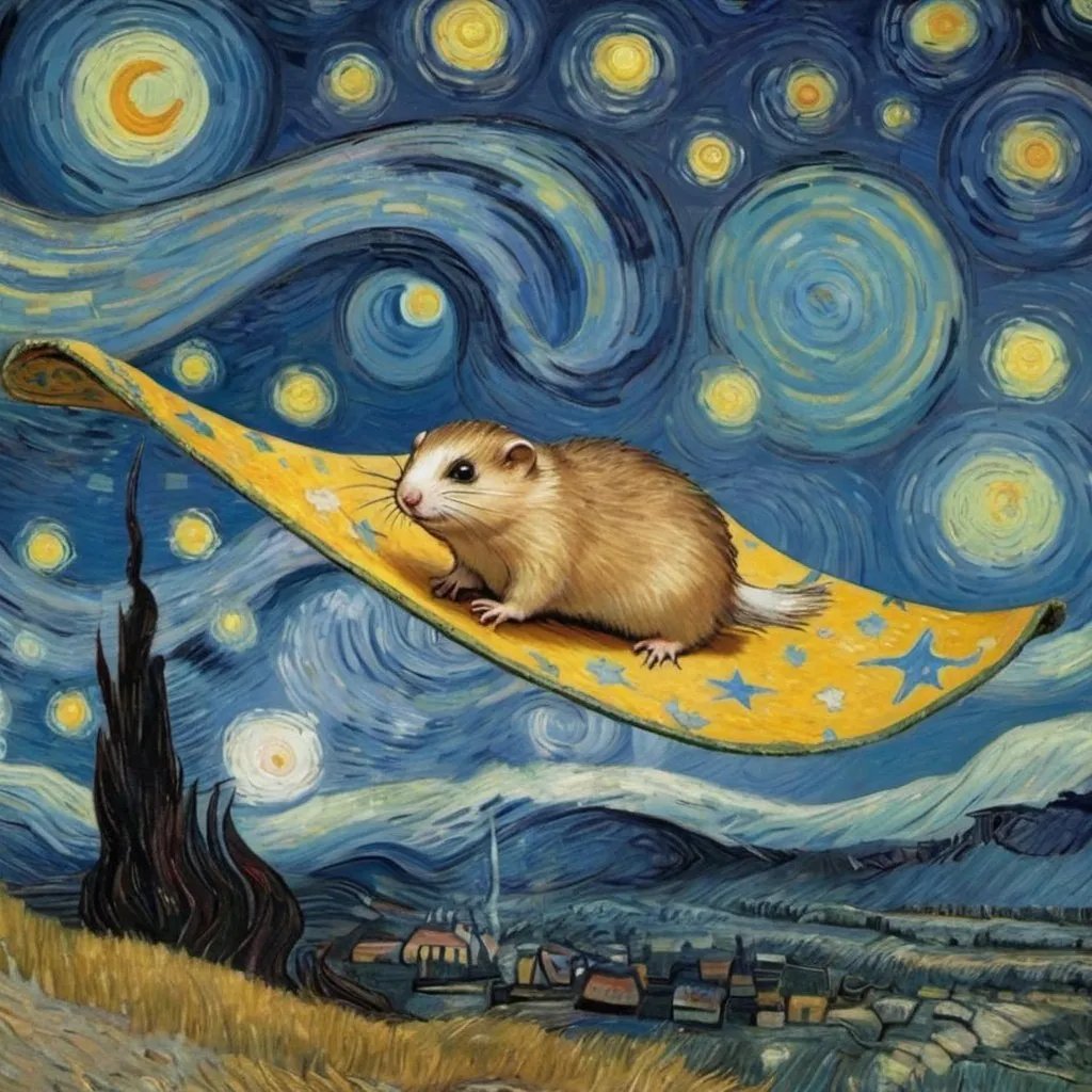 Prompt: A "Lemming"  flying on a "magic carpet" in "The Starry Night" by Vincent van Gogh